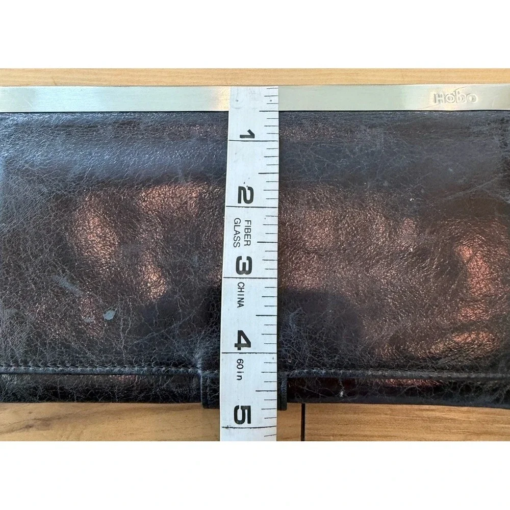 Hobo International Black Leather Clutch Wallet Organizer Silver Frame Large‎
